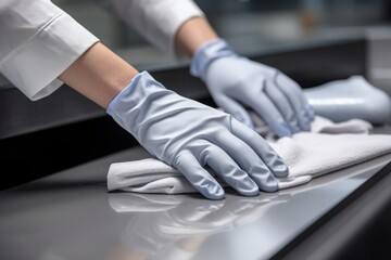 Fototapeta premium Close up unrecognizable person cleaner hand protection rubber glove wiping shiny surface window antibacterial duster cloth. General house cleaning service apartment household Corona Virus disinfection