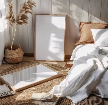An Illustration of a White luxury bedroom with a mockup poster frame in a 3D render. Made with Generative AI Technology