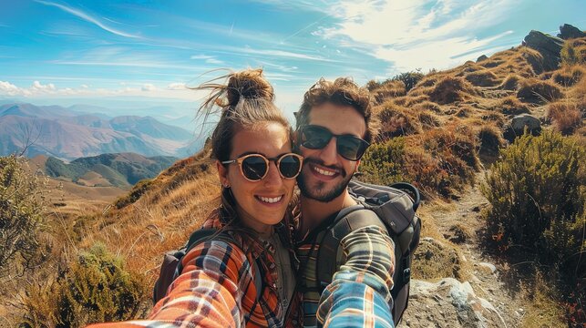 Cute Happy Young Couple Taking Selfie On Mountain