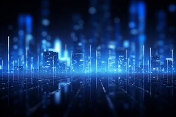 Futuristic cyberpunk digital smart city blue neon lights skyscrapers urban architecture building wireless network tech connection abstract background future technology virtual reality online logistics