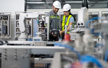 Hispanic engineer team working at electronic and robotics development engineering laboratory. Smart...