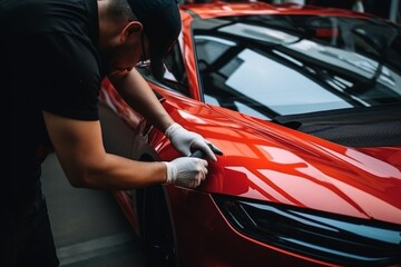Professional unrecognizable Caucasian specialist male man guy worker master wrapping installing protective film vinyl foil new red sport car automobile transport paint protection indoors salon service