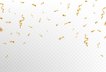 Gold confetti and ribbon streamers falling on a transparent background. blur. Simple design. Vector. eps 10