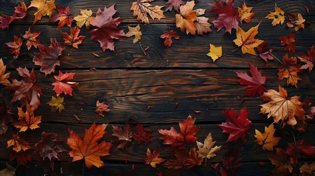 Fall Foliage Frenzy A Wooden Table Covered in Autumn Leaves Generative AI
