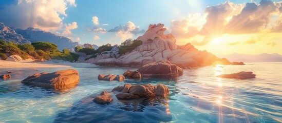 The sun is descending towards the horizon, casting a warm glow over the rugged rocks and sandy shores of Corsicas seaside. The tranquil waves gently lap against the shore as the sky transforms into - obrazy, fototapety, plakaty