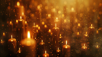 Background with a lot of burning candles and bokeh. Warm candlelight vigil, memorial, spiritual, mystical atmosphere - obrazy, fototapety, plakaty