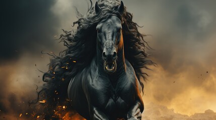Majestic Black Horse Galloping Through Billowing Dust. - obrazy, fototapety, plakaty