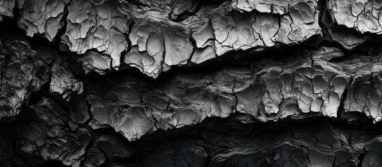 A monochrome photograph showcasing the intricate formations on a tree trunk, resembling stalactites...