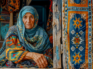 Obraz premium Portrait of an International Grandmother radiating love and experience perfect for Mother's Day gifts sitting on a chair Wallpaper Card Poster Background