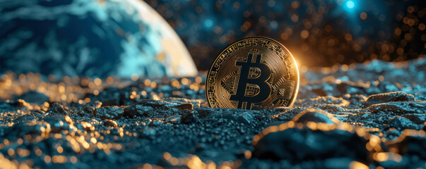 Close-up of Bitcoin on moon dust, Earth's blue glow distant