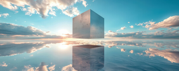 Cube gently floating above a reflective surface, creating a symmetrical illusion - obrazy, fototapety, plakaty
