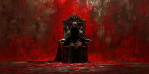 Demonic presence on an ornate throne, cloaked in shadows, awaiting tribute