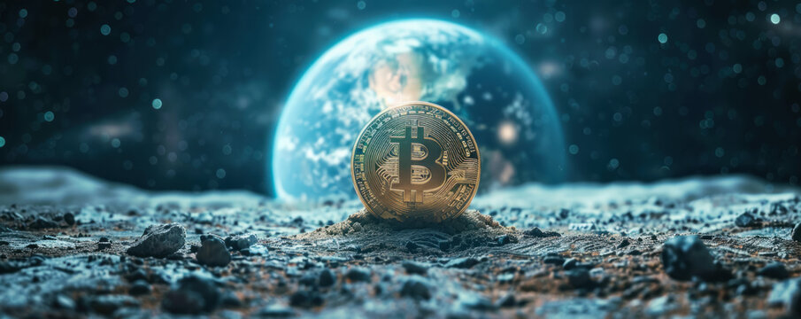 Close-up of Bitcoin on moon dust, Earth's blue glow distant