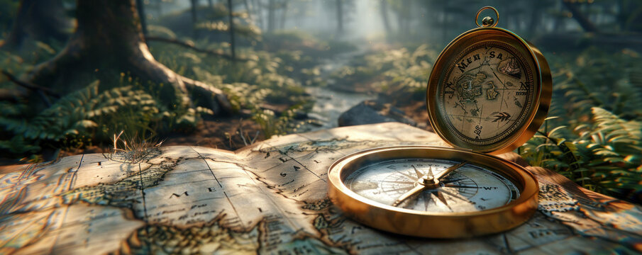 Close-up on an old map's compass, guiding through enchanted forests