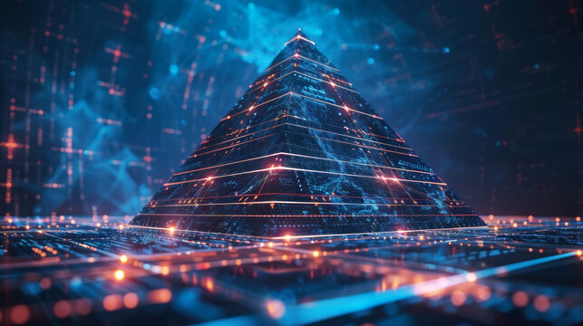 Futuristic pyramid under a digital dome, lines of code intertwining