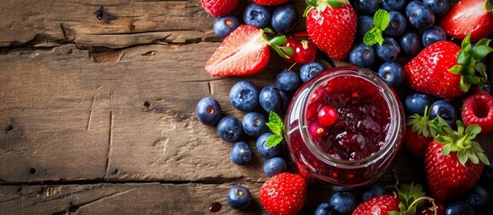 Assorted berries such as strawberries, blueberries, raspberries, and boysenberries with a jar of...
