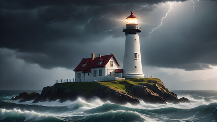 Lighthouse on the coast of the sea with bright light warning, overlooking the beach, guiding navigation amidst white clouds and blue skies - obrazy, fototapety, plakaty