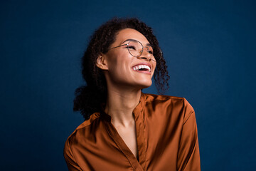 Photo of pretty shiny lady wear silk brown shirt spectacles laughing looking empty space isolated...