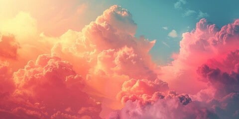 Serene skyscape, with plush clouds basked in a gradient of sunset hues ranging from warm coral to...