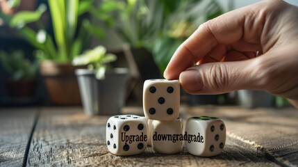 Hand holding dice with text for illustration of