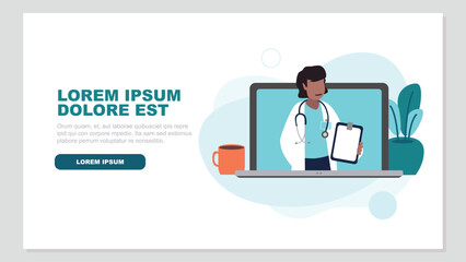 Vektor-Illustration einer weiblichen Ärztin mit einem Stethoskop, die eine medizinische Aufzeichnung hält auf einem Laptop-Bildschirm - Gesundheit Konzept