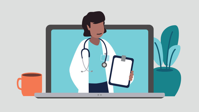 Vektor-Illustration einer weiblichen &Auml;rztin mit einem Stethoskop, die eine medizinische Aufzeichnung h&auml;lt auf einem Laptop-Bildschirm - Gesundheit Konzept