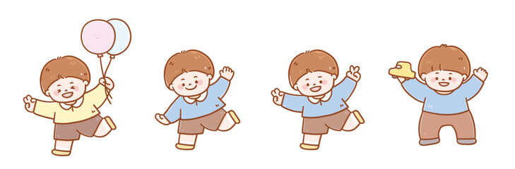 Vector cute illustration style. Happy kindergarten boy having fun and running holding balloons and car toys