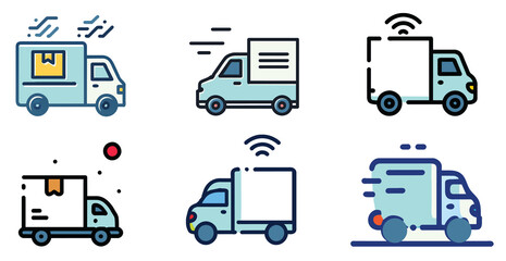Fototapeta na wymiar Delivery cargo van line icons set. 6 icon delivery, shipping, logistics symbols.