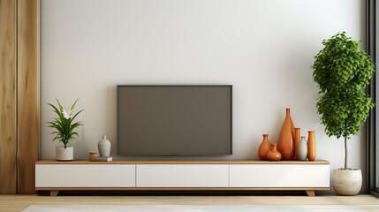Mockup a cabinet TV wall mounted with decoration in living room and white wall