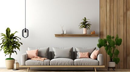 Living room interior with sofa and green plants on wall background.3d rendering