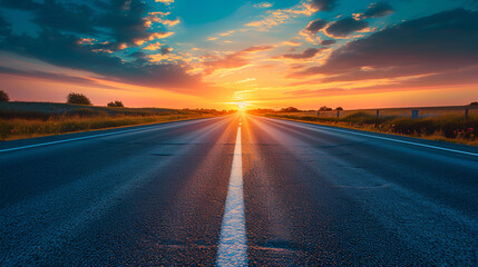 beautiful sun rising sky with asphalt highways road in rural scene use land transport and traveling background. Generative ai  - obrazy, fototapety, plakaty