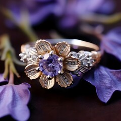 Dazzling Elegance: A Symphony of Sparkle – Jewelry Ring with Diamond on Violet Flower Soft Fabric, Unveiling Timeless Beauty
