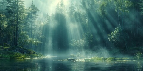 Sunlight Streaming Through Trees in a Forest