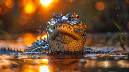 wildlife photography, authentic photo of a crocodile in natural habitat, taken with telephoto...
