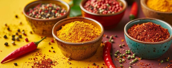 Array of Colorful Spices in Ceramic Bowls on Bright Yellow Background