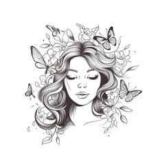Woman with butterflies line art
