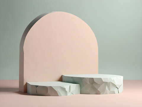 Empty pastel studio display podium blank products shelf standing backdrop.	