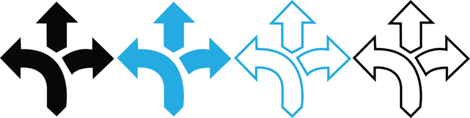 Choice between three roads icon set. Three-way directional arrow. Way, road, direction, branching, arrows , Icon for design. Easily editable, pathway, opportunity, logo, split, choose, three concept