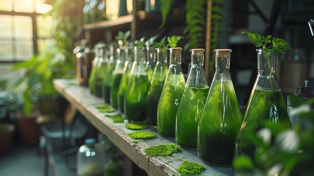 Spirulina green algae is cultivated in glass flasks in a lab backdrop with a big space for text or products, Generative AI.