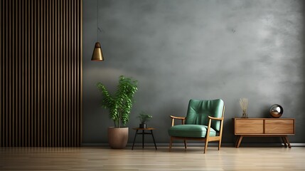 Living room with green armchair on empty dark concrete wall background.3d rendering