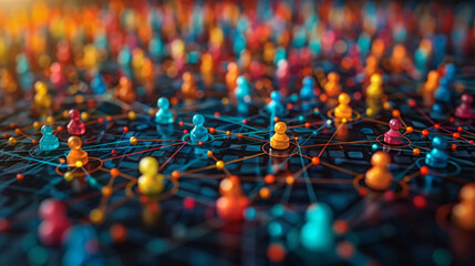 Fototapeta premium Group, people and crowd illustration connected to internet, big data and virtual reality. Silhouette, businesspeople and public network lines for communication, futuristic connection and marketing st