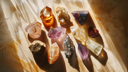 Top view of semi-precious stones, stones and minerals, quartz. Light background. Geological concept. Generative AI