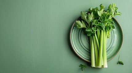 Stick of celery over a pale green dish with a pale green backdrop and space, Generative AI.