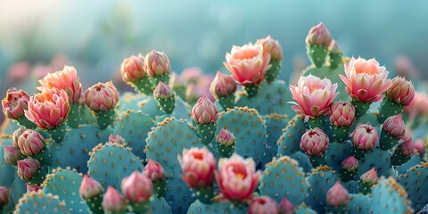 Cacti Blooming in Desert Mist: A Dreamy Scene. Concept Desert landscape, blooming cacti, dreamy atmosphere
