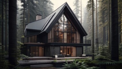 Modern luxury cabin house in deep forest