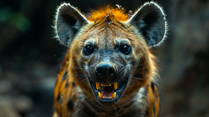 wildlife photography, authentic photo of a hyena in natural habitat, taken with telephoto lenses,...