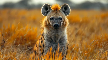 Zelfklevend Fotobehang wildlife photography, authentic photo of a hyena in natural habitat, taken with telephoto lenses, for relaxing animal wallpaper and more © elementalicious
