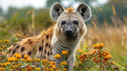 Schilderijen op glas wildlife photography, authentic photo of a hyena in natural habitat, taken with telephoto lenses, for relaxing animal wallpaper and more © elementalicious