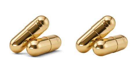 Golden capsule pills with and without shadow