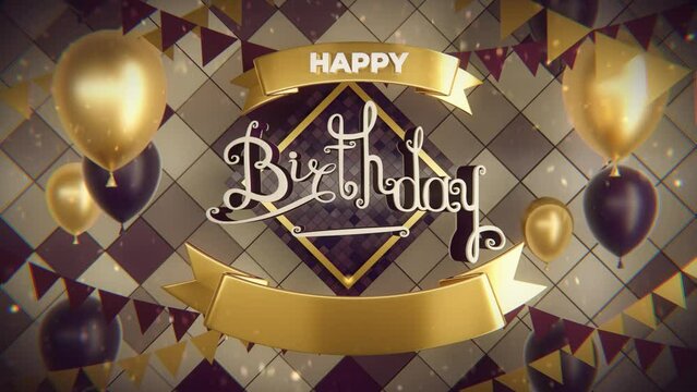 Animated 3d golden and shiny Happy Birthday title with confetti and flying balloons	